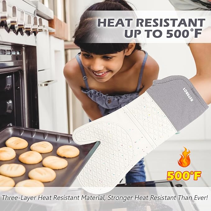 Extra Long Oven Mitts and Potholders 6Pcs Set, 500°F Heat Resistant Kitchen Oven Gloves 15'' Oven Mitts with Non-Slip Silicone Surface Soft Cotton Lining for Cooking, Baking and Grilling - Light Grey