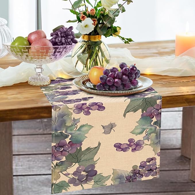 Watercolor Grapes Table Runner, Sweet Fruit Kitchen Dining Table Decoration, Spring Summer Burlap Indoor Outdoor Home Decor Party Supply 13 x 72 Inches