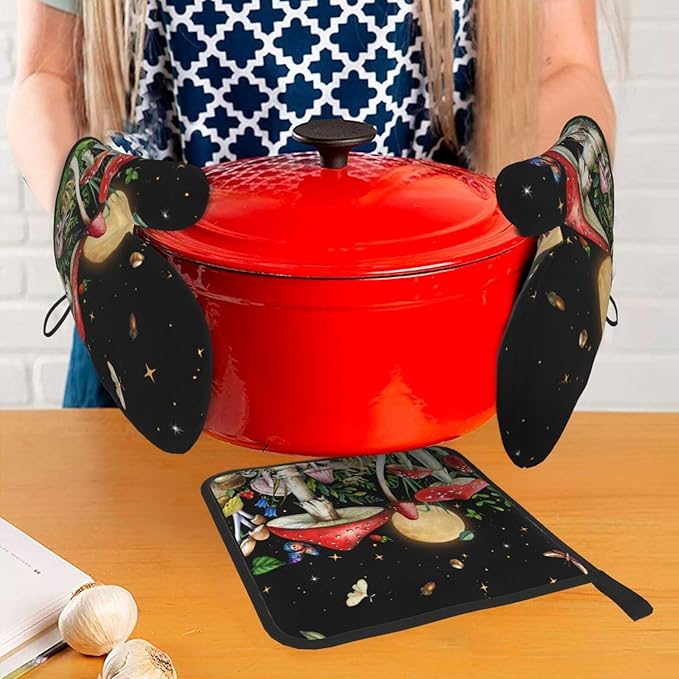 Cute Mushroom Oven Mitts and Pot Holders Sets of 3 Holiday Kitchen Decor Heat Resistant Witchy Hot Pads Oven Gloves for Cooking Grilling Baking