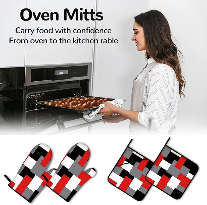 Red Black Grey White Oven Mitts and Pot Holders Sets of 4 Geometric Oven Gloves for Kitchen Baking Cooking Grilling (Red)