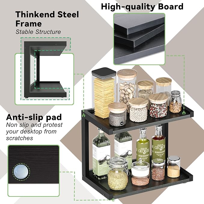 MARTY 2 Tier 12.6"x7.7" Counter Shelf Organizer Kitchen Spice Rack for Countertop, Coffee Station Organizer for Mugs Cups, Wood Shelf Desk Storage Organizer for Bathroom Home Office (Black)