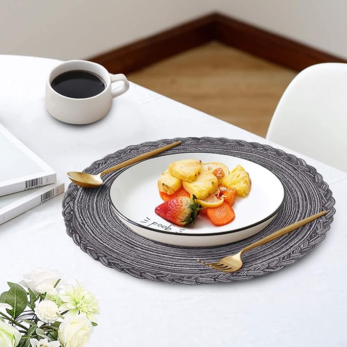 Indoor and Outdoor Round Cotton Placemat, Non Slip Round Braided Placemats Cotton Polyester Table Mats for Dining Tables 15 inch (Gray and Black, Set of 4)