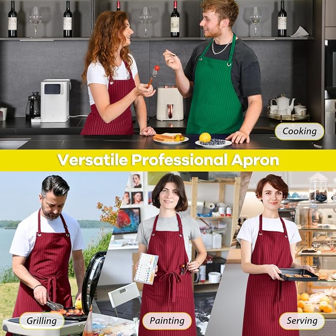 ROTANET Stripe Stretch Apron for Men Women Chef Big and Tall Large Striped Aprons with Pockets for Kitchen Cooking Waterproof