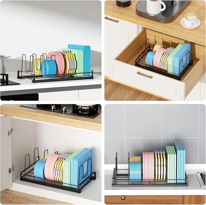 Food Container Lid Organizer for Cabinet, 6 Adjustable Dividers Metal Pot Lid Organizer, Pots and Pans Organizer Under Cabinet Storage Plastic Lids Pots Cookie Sheets for Cabinets, Cupboards, Drawers