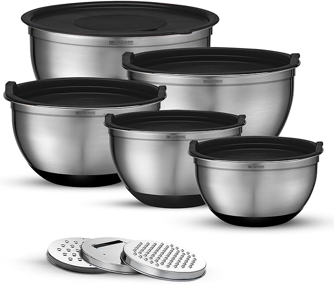 Belwares Mixing Bowls with Lids Set of 5 - Stainless Steel Mixing Bowl Set, Kitchen Nesting Metal Bowls with Non Slip Bottoms + 3 Grater Attachments, Airtight Lids, Food Prep + Storage, Matte Black