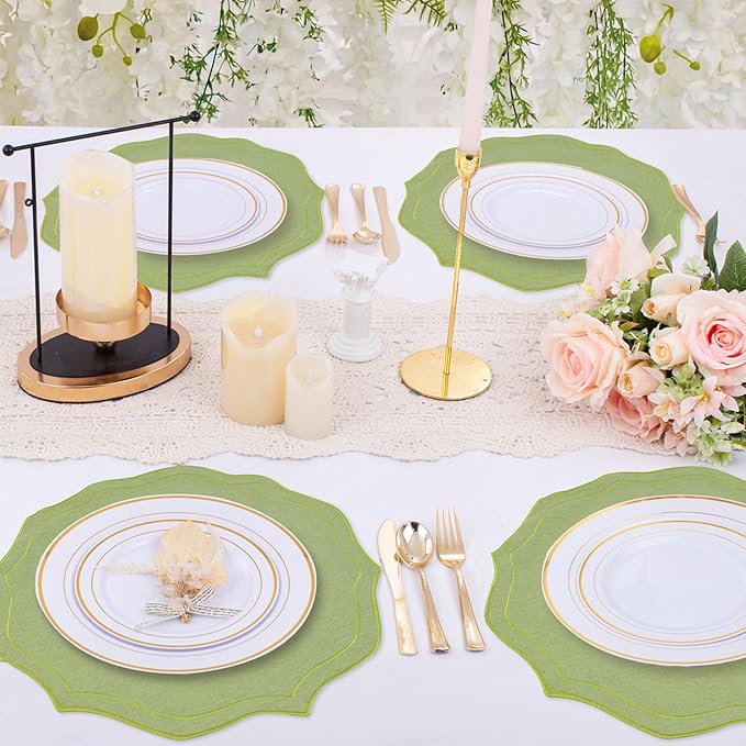 Set of 4 Cotton Linen Placemats, 15x15 Round Scalloped Cloth Table Mats, Embroidery Machine Washable, Wrinkle Resistance Fabric Place Mats for Wedding Summer Baby Shower Party Table Decor-Green