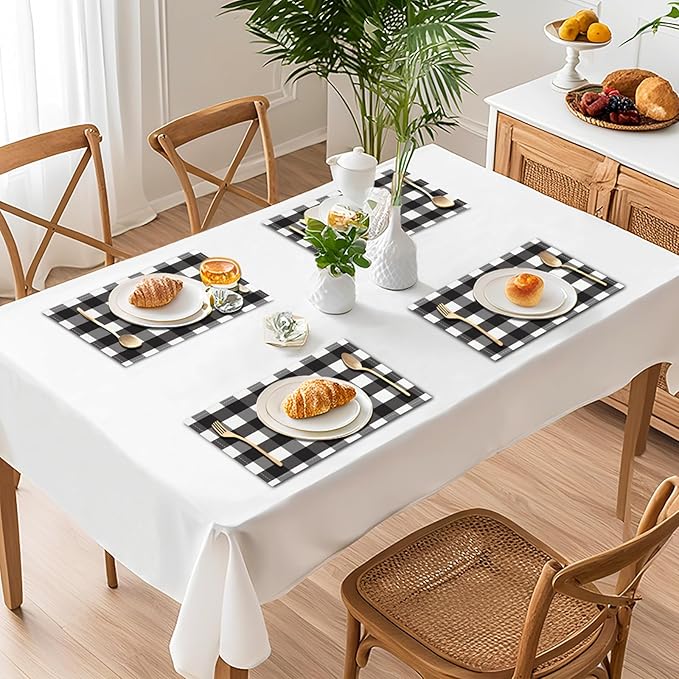 Black and White Placemats Buffalo Plaid Place Mats Farmhouse Rustic Decorative Table Mats Set of 4 - Linen Heat Resistant Washable Placemats for Kitchen Dining Coffee Table 12x18Inch