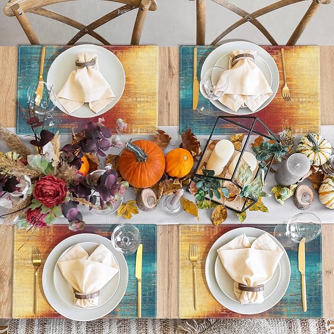 Emvency Farmhouse Placemats Set of 4, 12x18 Inch Blue and Orange Vintage Abstract Messy Rust Painting Table Mats for Outdoor Home Party Kitchen Dining Decoration