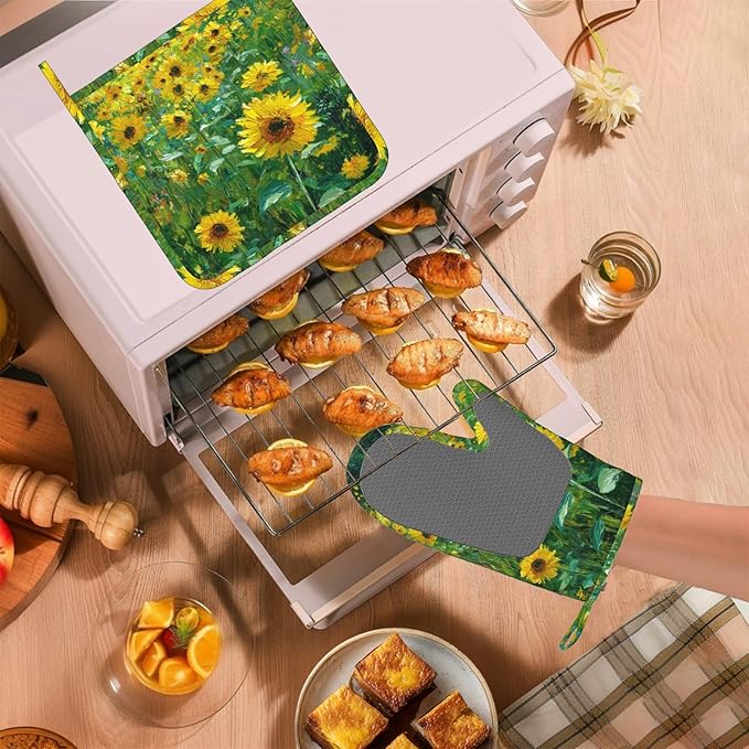 Vintage Sunflower Oven Mitts and Pot Holders Sets Flower Oil Painting Silicone Heat Resistant Kitchen Oven Gloves Pot Holder for Cooking Baking Grilling BBQ