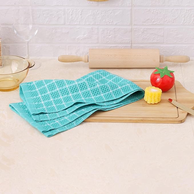 Homaxy 100% Cotton Kitchen Towels 6 Pack-15 X 25 Inches, Check Design Waffle Weave Hand Tea Towels, Super Soft and Absorbent Dish Towel for Drying Dishes, Aqua