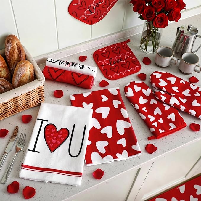 VitalCozy 10 Pcs Valentine's Day Kitchen Decor Set Heart Kitchen Towels and Rugs Oven Mitts and Pot Holders Set Absorbent Tea Hand Towels for Chef Baking Cooking Grilling BBQ Gift