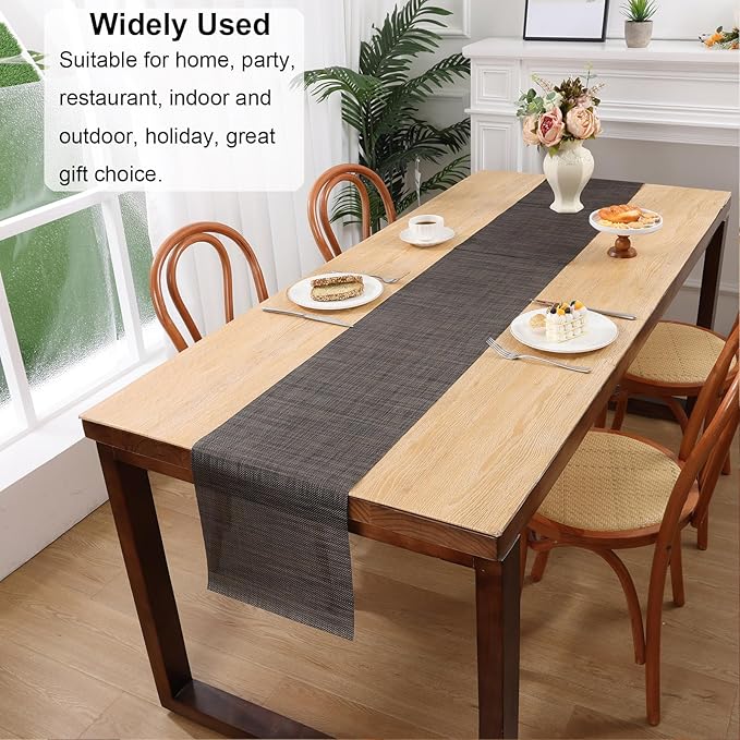 SHACOS Woven Vinyl Table Runner 12 x 54 inch Wipeable Plastic Table Runners Heat Resistant Runner for Table Indoor Outdoor, Black Brown