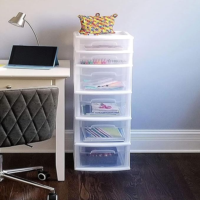 HOMZ 2-Pack Drawer Tower, 6-Tier Clear Plastic Storage Organizer Unit, White Frame - Multi-Purpose Container Drawers for Bedroom, Bathroom, and Office Organization