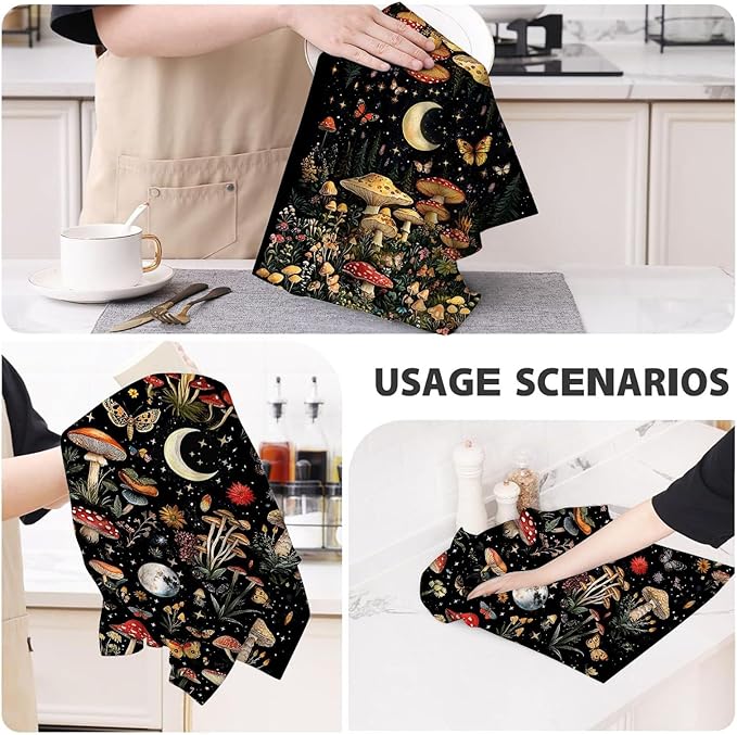Mushroom Moth Kitchen Towels Decorative Set of 4, Witchy Dish Towels Absorbent Hand Drying Cloth for Cooking Baking, Mushroom Witchy Gifts for Women 16"x24", Black Kitchen Decor