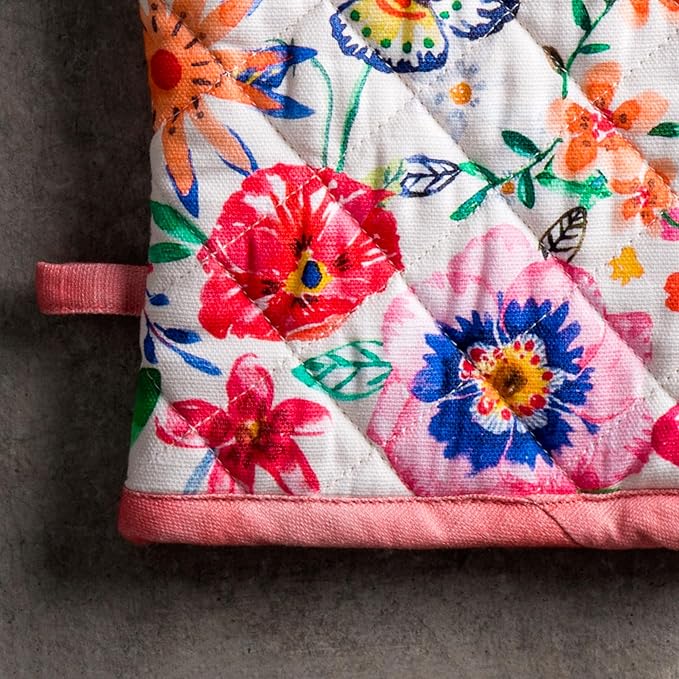 Maison d' Hermine 100% Cotton Oven Mitt & Pot Holder Set (7.5"x13" & 8"x8") Heat Resistant BBQ Cooking Gloves with Loop Baking Gifts for Mothers Day Spring/Summer (Happy Florals - High Summer)