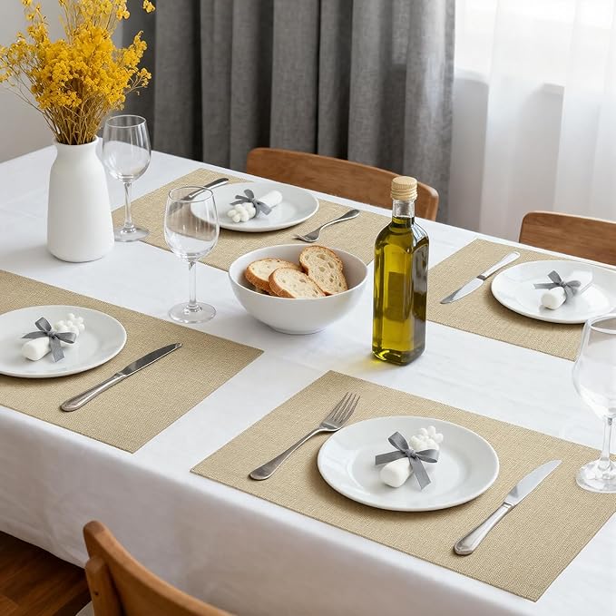 Placemats Set of 6 Linen Type Fabric Cloth Placemats, 18x12 Inch Double Layered Thick Wrinkle Free Heat Resistant Table Place, for Dining, Kitchen, Party (45 * 30cm, Beige)