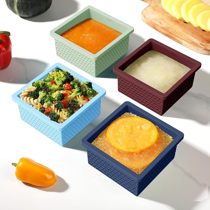 Silicone Freezer Molds for Soup Cube - 2-Cup Freezer Storage Container Tray with Lid,4 Pack Stackable Ice Cube Trays for Portion Control,Food Storage & Meal Prep (Green+Light Blue+Burgundy+Dark Blue)