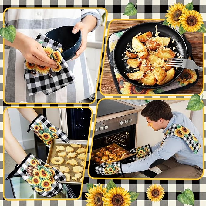 Fourluoo 10 Pcs Sunflower Kitchen Decor Bee Oven Mitts and Pot Holders Set Sunflower Dish Towels Summer Rugs Mats Farmhouse Kitchen Accessories for Chef Baking Cooking Grilling Women Home Retro Gift
