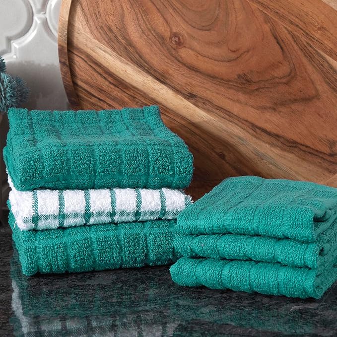 Ritz Premium Kitchen Towel and Dish Cloth Value Set: Highly Absorbent, Super Soft, Long-Lasting, 100% Cotton Checked and Solid Hand Towels, Tea Towels, Bar Towels - 6 Pack, Teal