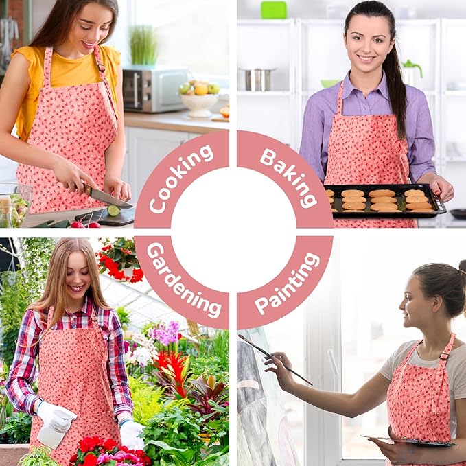 Aprons for Women with 2 Pockets, Adjustable Floral Cotton Kitchen Apron for Cooking Baking,Chef Apron, Artist or Garden Apron (Pink Floral)