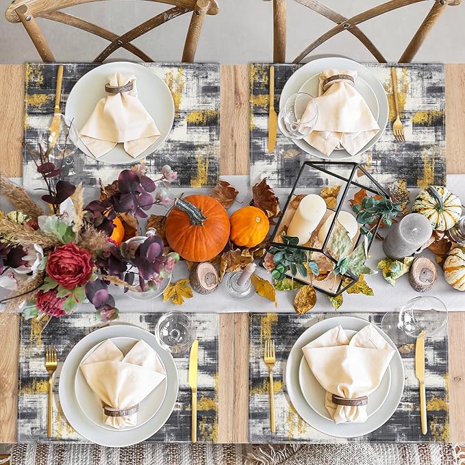 Emvency Farmhouse Placemats Set of 4, Abstract White Black Gold Vintage Art Painting 12x18 Inch Table Mats for Outdoor Home Party Kitchen Dining Decoration