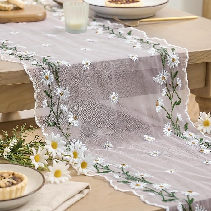Artoid Mode Daisy Floral Light Pink Shaped Gauze Embroidery Table Runner 120 Inch 10FT, Tulle Spring Summer Kitchen Dining Table Decor for Home Party