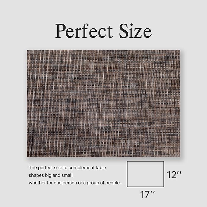 Placemats Set of 6 - Easy Clean Woven Vinyl Placemats for Dining Table, Indoor/Outdoor Place Mats, Washable PVC Table Mats(Black/Brown)