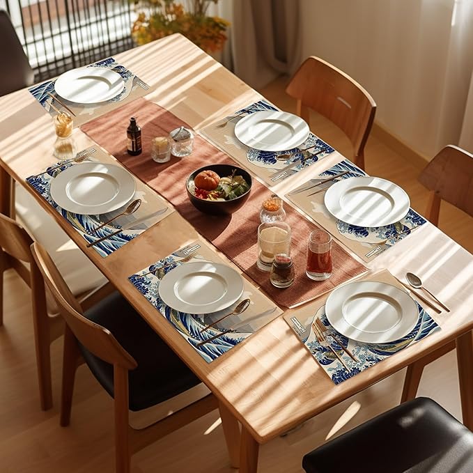 Japanese Style Waves Placemats Set of 6,Washable Heat Resistant 12×18 Inch Linen Table Mats,Place Mats for Party Outdoor Dining Décor