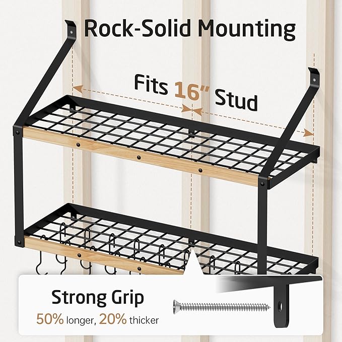 KES 132lb Heavy Duty Hanging Pot Rack Wall Mounted, 34 Inch Solid Wood Pot Rack Wall Mounted with 20 Sturdy Hooks, 2-Tier Wooden Pots Hanger Organizer Matte Black, KUR529S85B-BK
