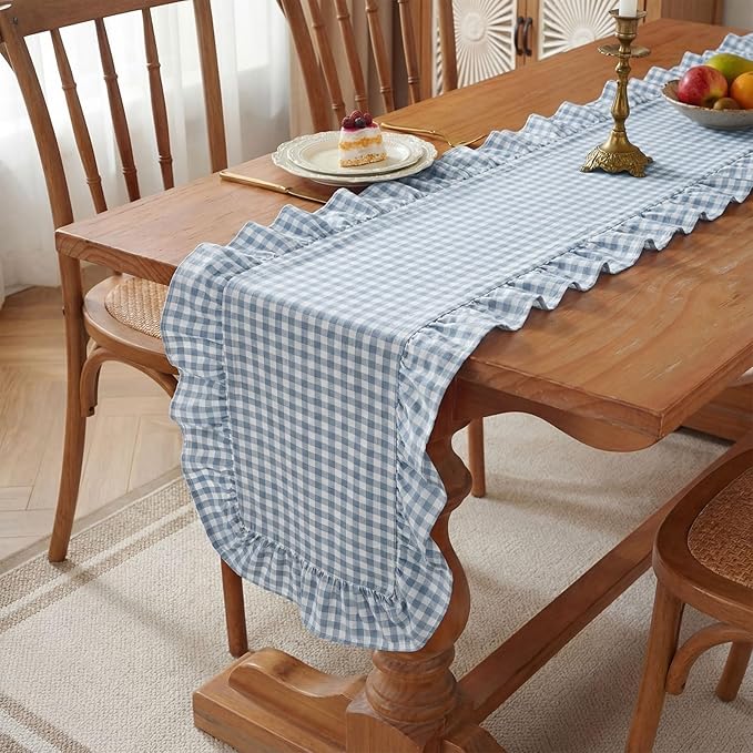 HunnmingRe 1 Pcs Blue Plaid Gingham Ruffle Table Runner 118 x 13.8'' Farmhouse Easter Table Runner 100% Cotton Scalloped Long Dresser Scarves for Dining Room, Wedding, Kitchen Rustic Home Decor