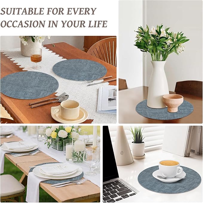 13" Round Placemats Set of 12, Reversible Faux Leather Heat Resistant Table Mats, 100% Waterproof Oilproof Wipeable Table Protective Placemats for Vinyl, Washable for Indoor (12, Light Blue)
