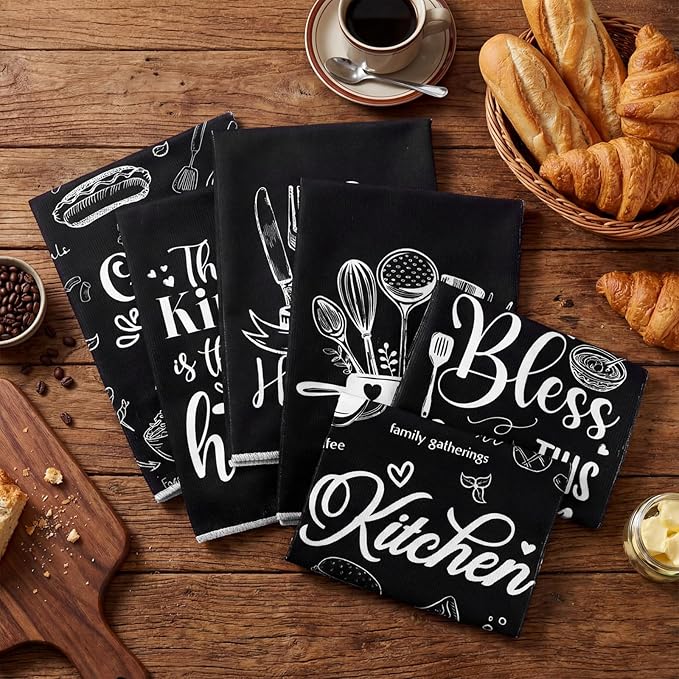 Bencailor 6 Pcs Kitchen Towels Decorative Sets Dish Towels Absorbent Fast Drying Hand Tea Vintage Hanging Reusable Cleaning Dishcloths for Cooking Farmhouse Bathroom Accessory(White Black,Cooking)