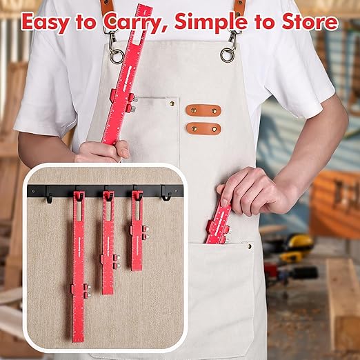 3PCS Woodworking Ruler Set, Precision Pocket Ruler with Adjustable Slide Stop, Aluminum Alloy Measuring Tool for Marking & Scribing, Metal T-Track Square Rulers, Inch and Metric (6", 8", 12")