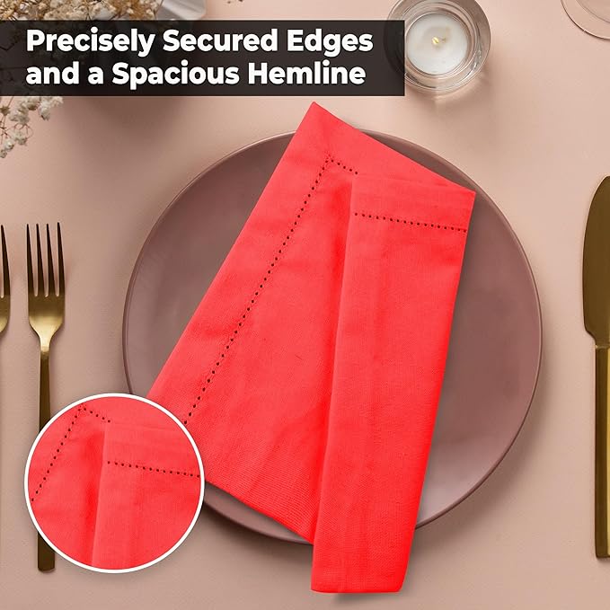 Urban Villa Cloth Napkins Set of 12 20"x20" 100% Cotton Hemstitch Napkins Cloth Washable Durable Reusable Absorbent Table Dinner Napkins Cloth for Christmas Hotel Lunch Restaurant Weddings Parties–Red