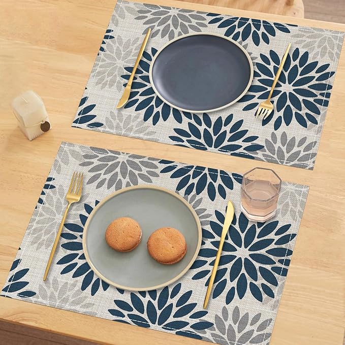Niviy Dahlia Aqua Floral Pinnata Flower Placemats Set of 4, 12x18 Inch Washable Easy to Clean Heat-Resistant Anti-Skid Grey Placemats for Holiday Party Kitchen