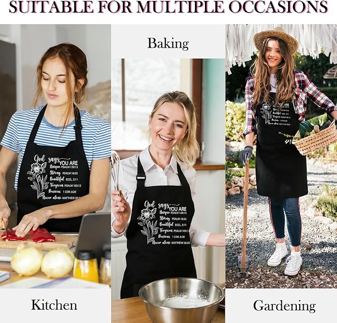 Black Baking Aprons for Women, Adjustable Cooking Baking Kitchen Aprons for Mom Chef with Pockets