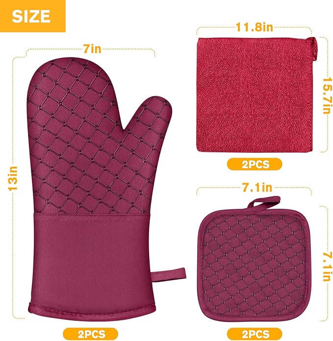 6 Pcs Oven Mitts and Pot Holders, 500℉ Heat Resistant Oven Mitts with Kitchen Towels Soft Cotton Lining and Non-Slip Silicone Surface Safe for Baking, Cooking, BBQ (Red)