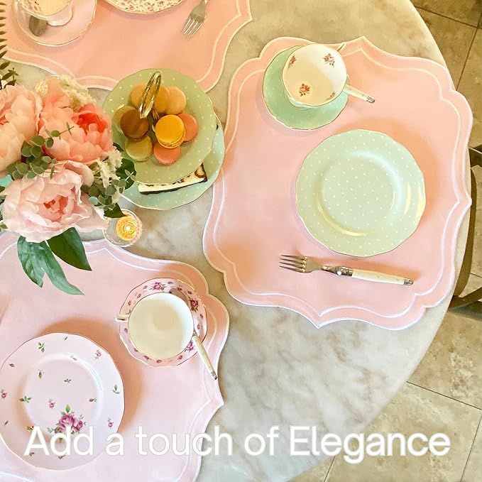Cotton Linen Placemats Set of 4 - Double Layered, Machine Washable, Scalloped & Embroidered Cloth Table Mats - Wedding, Spring, Pastel Tone Mats, 19 x 17 inch, Light Pink
