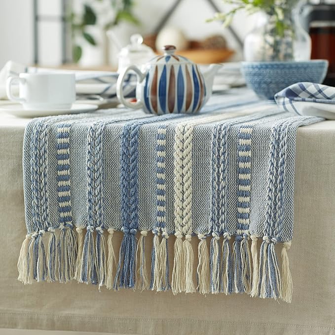 DII Farmhouse Braided Stripe Table Runner Collection, 15x108 (15x113, Fringe Included), Stonewash Blue