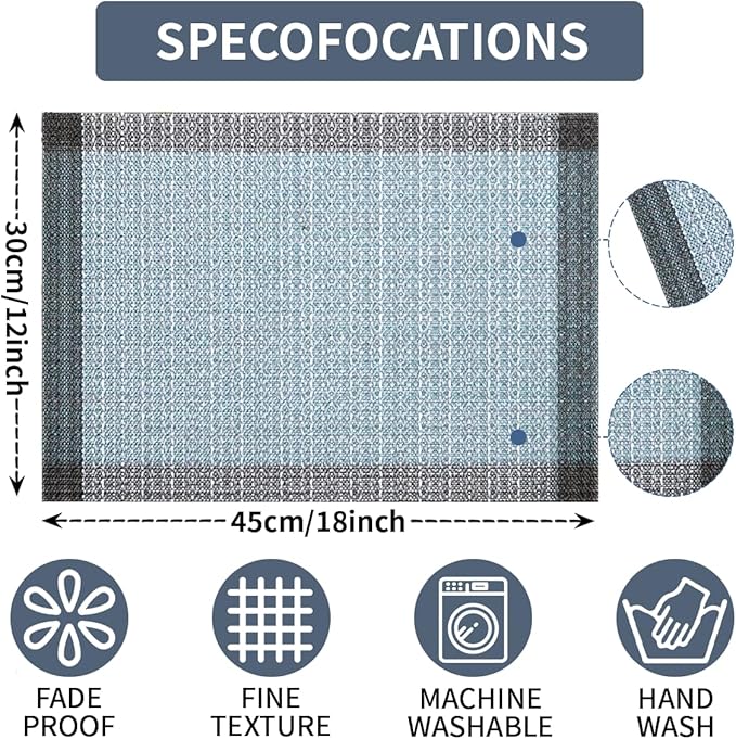 Niviy Blue Grey Ethnic Boho Placemats Set of 4, 12x18 Inch Linen Burlap Washable Durable Art Table Mats for Holiday Party Kitchen Dining Room Decoration