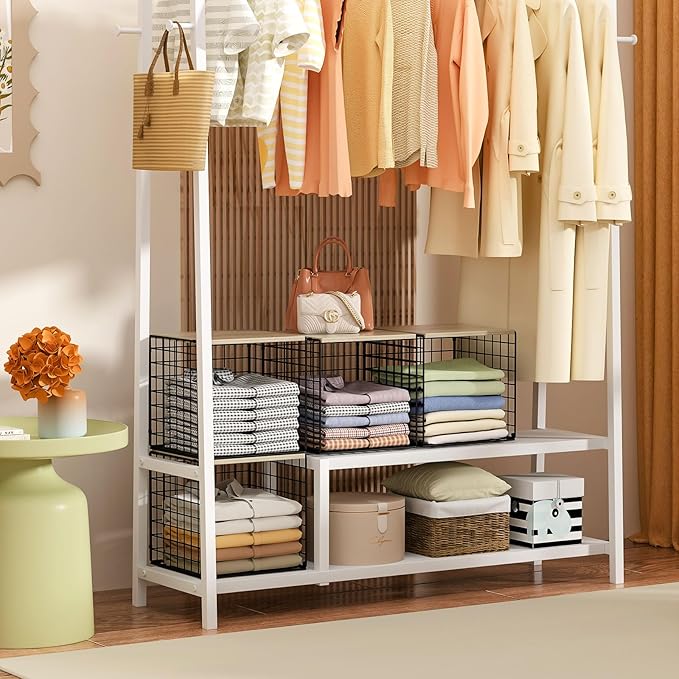 Hencawima 6 Pack Stackable Closet Organizers and Storage Basket, Closet Shelves with Wood Top, Clothes Storage Bin/Cube Organizer for Wardrobe, Space-Saving, Closet Organization, Black, Sturdy, Metal