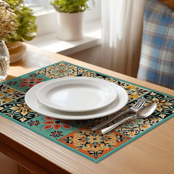HOMETITUTE Placemats Set of 4 Linen 12x18 Inch Washable Table Mats Colorful Vintage Pattern Place Mats Farmhouse Style Autumn Placemats Kitchen Dining Table Decor