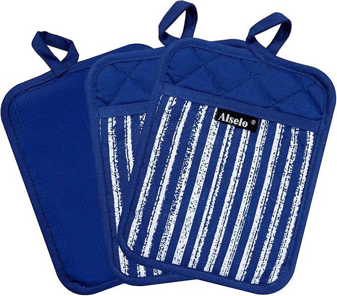 Alselo Silicone Pot Holders Set of 3 Heat Resistant & Non Slip Potholders, Professional Oven Hot Pads with Pockets Mitts for Kitchen Cooking Baking Barbecue (Cobait Blue, 3)