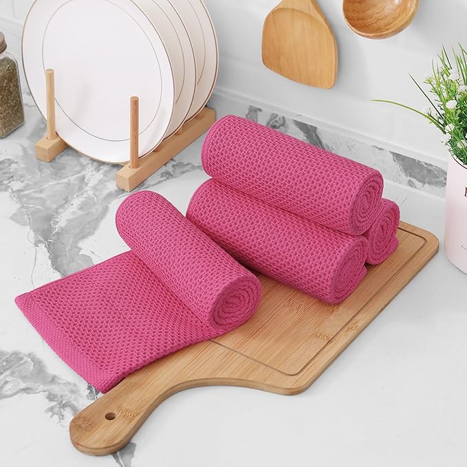 Kitinjoy 100% Cotton Waffle Weave Kitchen Hand Towels (13 X 28 Inches, Hot Pink), 4-Pack Super Soft and Absorbent Dish Towel for Drying Dishes