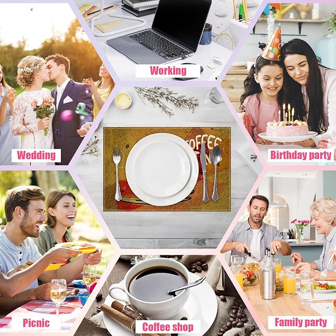 Coffee Time Placemats Set of 6,12x18 Inch Linen Place Mat Washable Stain Resistant Table Mats for Spring Summer Seasonal Farmhouse Kitchen Party Home Decor