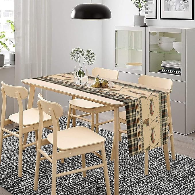 Fishing Table Runner Vintage Rustic Cabin Rods Lure Southwestern Check Art Printed Dinner Runner for Home Kitchen Dining Table Decor Fabric 1 Panel W13xL36in