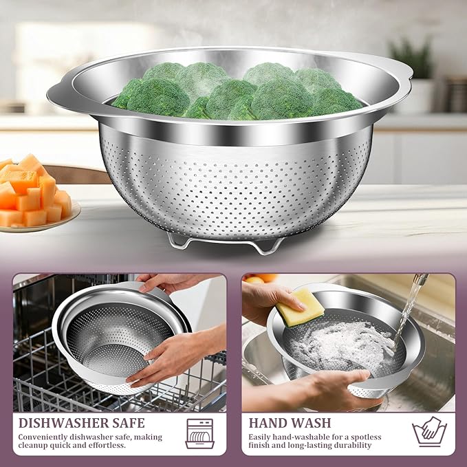 Stainless Steel Colander - 3QT Medium Capacity Strainer with Handle, Kitchen Food Strainer Basket for Washing Vegetables, Fruits, Rice, and Pasta, Kitchen Present for Women