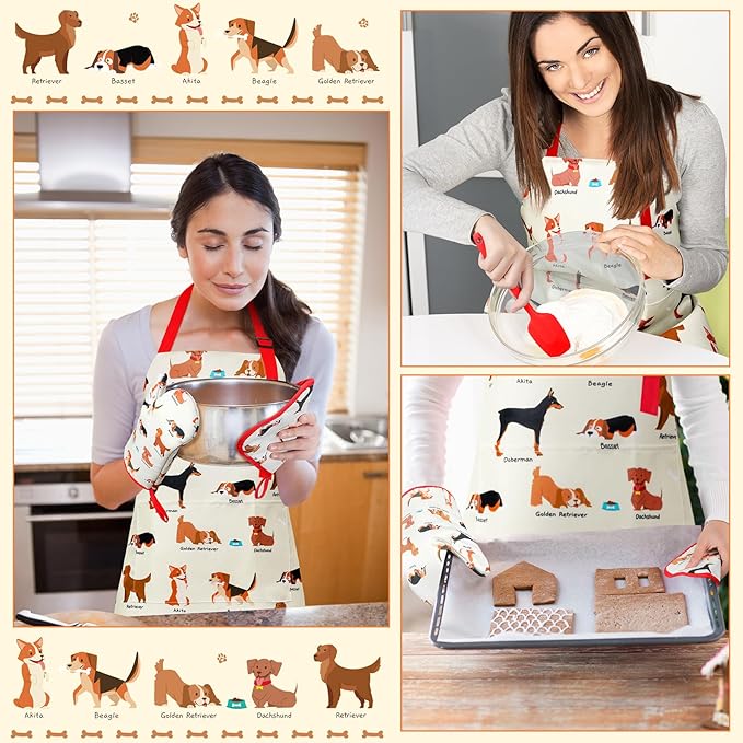 Hoolerry 6 Pcs Dog Kitchen Apron Dish Towels Oven Mitts and Pot Holders Sets with Silicone Spatula for Women Dog kitchen accessories Decor Wife Grandma Cooking Baking Gifts