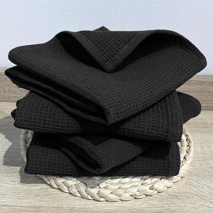 PY HOME & SPORTS Dish Towels Set - 4 Pieces 17 x 25 Inches Black 100% Cotton Waffle Weave Kitchen Towels, Super Absorbent Kitchen Hand Dish Cloths for Drying and Cleaning