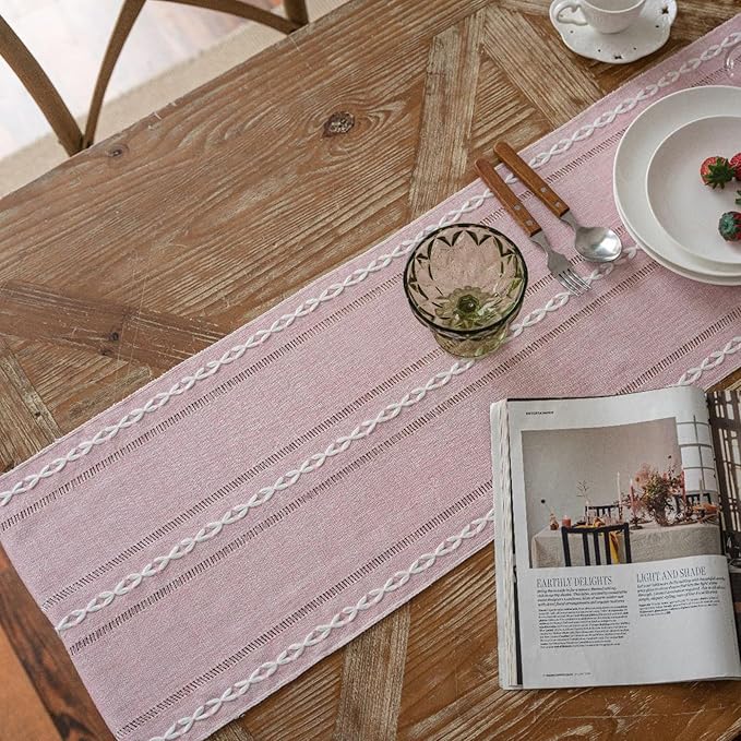 Niviy Table Runners 90 Inches Long with Tassels - Gifts for Her, Pink Boho Embroidered Table Runner Farmhouse Rustic Linen Runners for Wedding Party Baby Shower Home Decor (Pink, 12"×90")